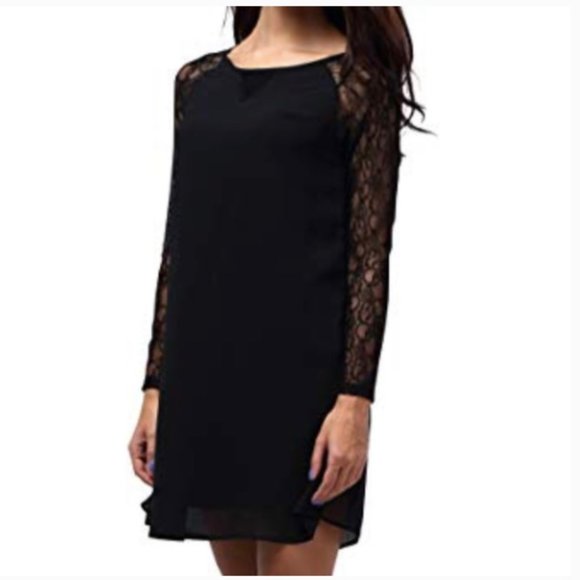 BEPEI "Lace in Point" Black Lace Sleeve Chiffon Dress Women's Size M - Picture 3 of 12